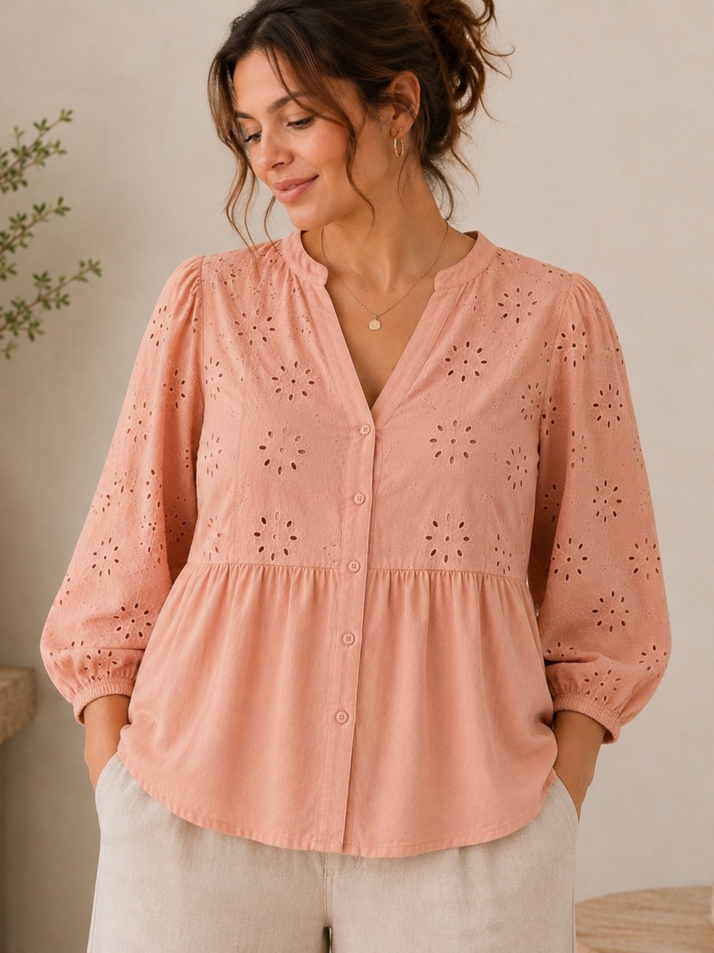 Peach Eyelet Embroidered Cotton Peplum Blouse Balloon Sleeve